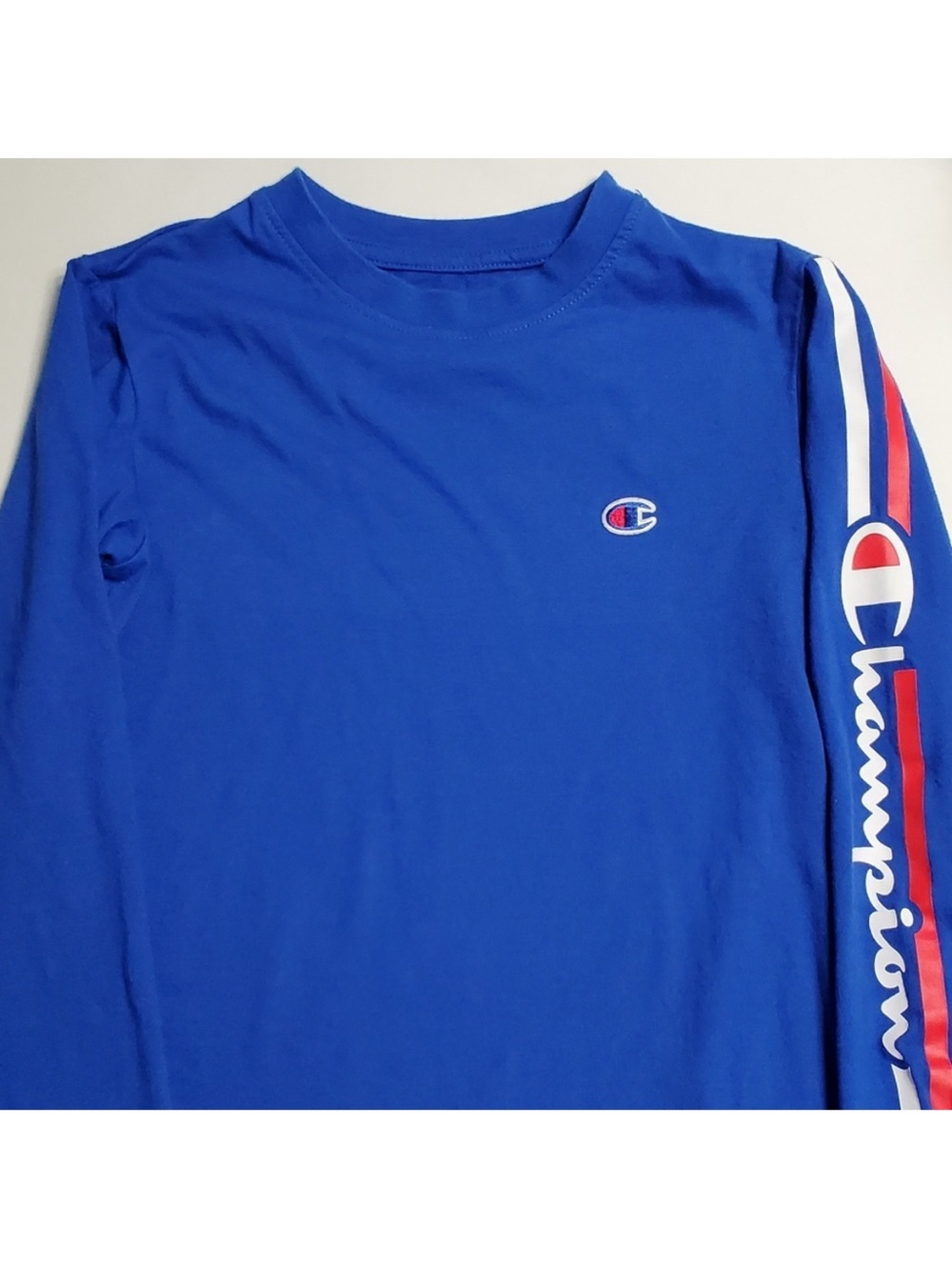 Champion Kids Boys Blue Long Sleeve Logo Pullover Crew Neck Tee Shirt M